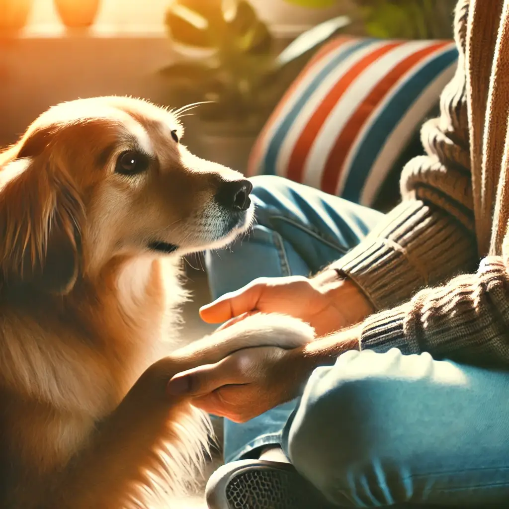 dog with paw in human hands